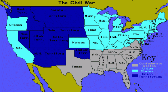 CIVIL WAR MAP, HARPER'S 1861. U.S. STATES LIGHT BLUE, CONFEDERATE STATES, GRAY, U.S. TERRITORIES, DARK BLUE.
