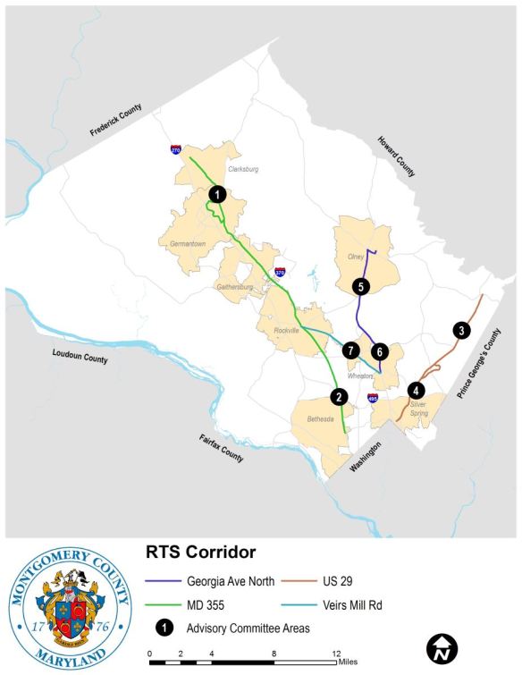 MAP OF MONTGOMERY COUNTY, MD, SHOWS GERMANTOWN AT THE NORTH END OF A PROPOSED TRANSIT LINE, THEN, GOING SOUTH, GAITHERSBURG AND ROCKVILLE, AND SILVER SPRING, NEAR THE D.C. LINE.